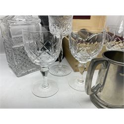 German Bleikristall decanter, set of six Stuart Crystal glasses, a Dartington Crystal decanter, christmas lights and a collection of pewter tankards, etc 