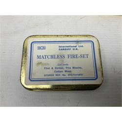 Miscellaneous militaria including two Royal Artillery and one Royal Horse Artillery stable belts; Northamptonshire Regiment trench art brass shell case lighter; unused Matchless Fire-Set; pocket knives and multi-tool; lanyards; oak shield with York & Lancaster crest etc