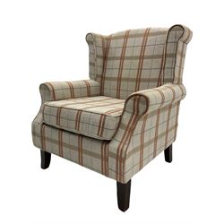 Pair of wing back armchairs, upholstered in beige check fabric