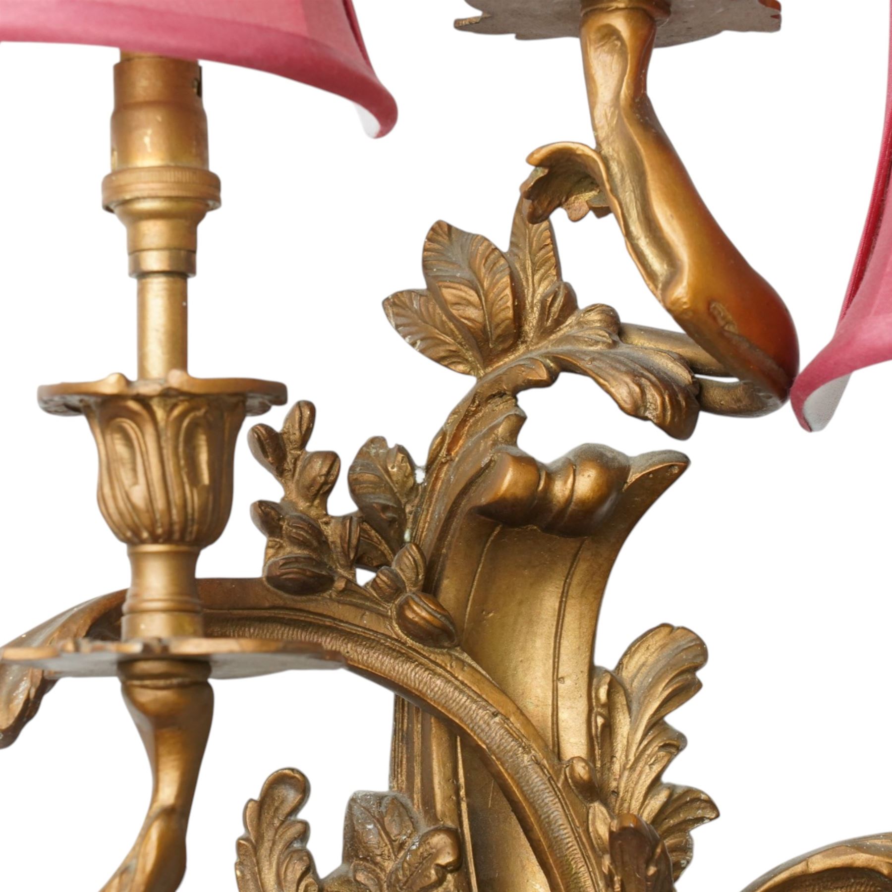 Rococo design gilt metal wall sconce, wired for electricity, with shades, including shade H61cm 
