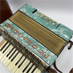 Barcarole piano accordion with blue pearline finish, fifteen keys and twelve buttons W32cm; in carrying case