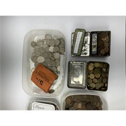 Collection of mostly Great British pre-decimal coins including Queen Victoria and later pennies, brass threepence pieces, florins, half crowns, sixpences, farthings,  Queen Elizabeth II decimal large style 5p and 10p coins and halfpennies, various World coins including Irish, French etc, housed in a vintage cash box