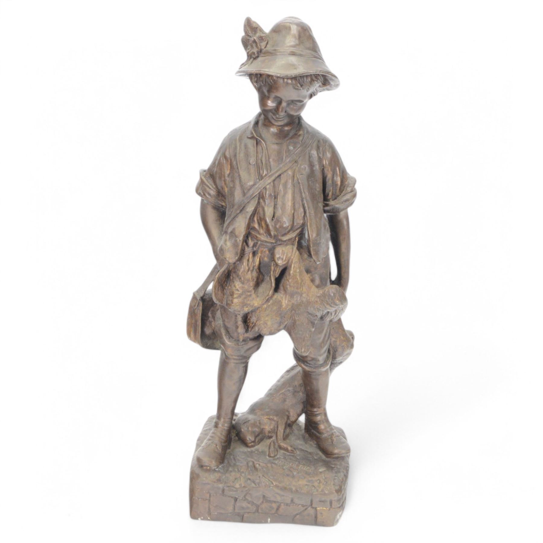 Bronzed figure of a hunter, holding game, H55cm