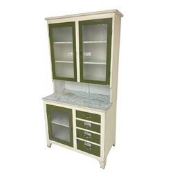 Mid-20th century painted kitchenette, raised glazed cabinet over single glazed door and four drawers