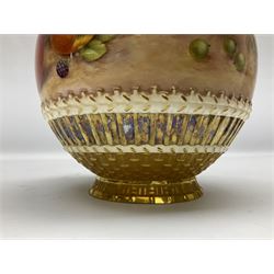 Mid 20th century Royal Worcester potpourri vase and cover decorated by Alan Telford, of ovoid form with inner cover and pierced gilt outer cover with bud finial, upon short gilt circular foot, the body part moulded with basket weave bands in gilt and bronze, and hand painted with a still life of fruit upon a mossy ground, signed Telford, with black printed mark beneath and painted shape number 1286, H25.5cm