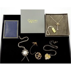 Clogau silver and 9ct gold key pendant necklace, silver marcasite watch pendant necklace, silver swallow double brooch and a silver heart pendant necklace, all stamped or hallmarked (4)