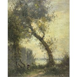 A Gillard (French 19th Century): Figure Foraging by a Shoreline, oil on canvas signed 25cm x 20cm 