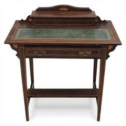 Edwardian inlaid rosewood writing desk, with raised back for an ink well, tooled green leather inset top, above a single drawer, raised on tapering square supports united by an undertier