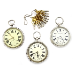 Victorian silver pocket watch by William Rowley London 1879, a further Victorian silver pocket watch, a continental pocket watch stamped 935 and a collection of watch keys
