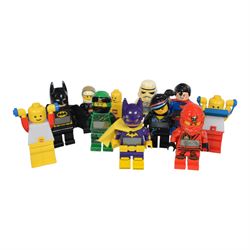 Collection of Lego minifigure alarm clocks and torches, including Batman, Superman, Storm ...