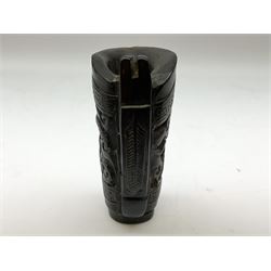 Chinese horn blood collection cup, carved with dragons and key fret border, H9.5cm