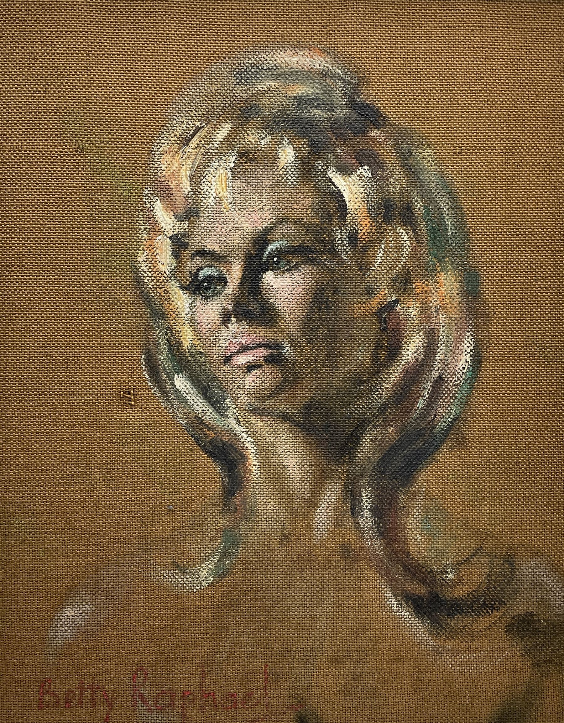 Betty Raphael (British 20th century): Portrait of a 60s Female, set three oils on hessian canvas signed 50cm x 39cm (3)