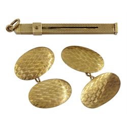 Gold cigar piercer and pair of gold cufflinks, with engine turned decoration, all hallmarked 9ct, approx 6gm