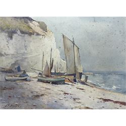 Charles William Adderton (British 1866-1944): Fishing Boats at Flamborough, watercolour signed 26cm x 35cm (unframed)
Provenance: direct from the family of the artist Harry Wanless 1872-1934, part of a collection never previously seen on the market
Notes: Adderton was a friend of the brothers Harry and Charles Wanless, all of whom studied under Albert Strange at the Scarborough School of Art School. Adderton had a studio at 55 Sandside, Scarborough between 1894 and 1901, he moved to Ockbrook Derby and later to Robin Hoods Bay where he was a member of the Fylingdales Group of Artists