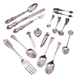 Group of silver flatware, to include Victorian christening set comprising knife, fork and spoon with silver handles, blade, prongs, and bowl, hallmarked Martin, Hall & Co, Sheffield 1868, William IV Fiddle pattern dessert fork, hallmarked William Eaton, London 1834, two Victorian teaspoons, 1920's teaspoons, and three Continental graduated spoons and set of matching sugar tongs with rose and vine detail, stamped 825, etc., together with a a small modern silver pendant modelled in the form of a heart, hallmarked Penhaligon's, Birmingham 1991, and two modern silver page markers, each stamped 925, one example worn import mark, approximate total weight 8.61 ozt (267.8 grams)