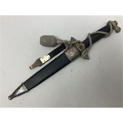 German Paul Weyersberg & Co Solingen DLV flyers dagger with 18cm steel blade, plated brass/tombac downswept cross-piece and pommel and leather covered grip, in leather and plated brass/tombac scabbard with leather hanger strap and silvered knot L35cm overall. Auctioneer's Note: After WWI Germany was forbidden an air force by the Treaty of Versailles however the Deutscher Luftsport-Verband (German Air-sport Association) was formed in March 1933 from various sports flying clubs and had branches for aeroplane, gliding and balloon flying. Under cover of the sporting DLV, many future Luftwaffe pilots trained to fly. DLV was embodied with the NSKK in March 1935 and on 1st March 1937 Luftwaffe was formed.