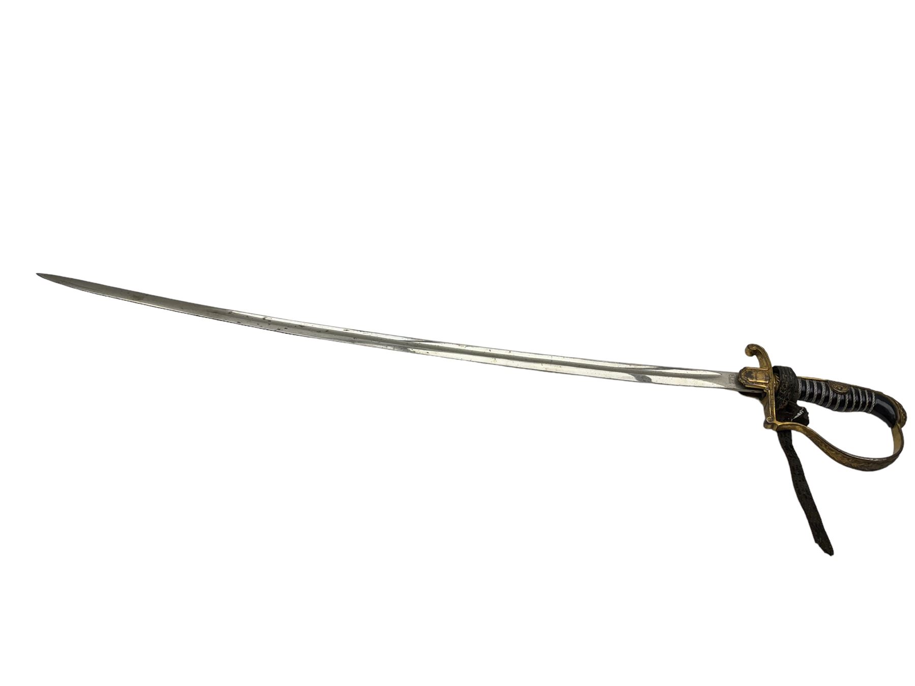 German infantry dress sword, dove head stirrup handle with black wire-bound grip cast cross guard with German eagle set into the langet, the curved 81cm single edge blade with single fuller marked Elckhorn Solingen, L93cm overall