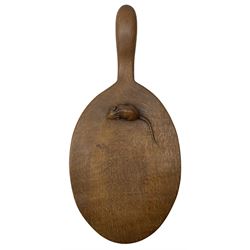 Mouseman - circa. 1940s/50s adzed oak cheese board, oval form with handle, the board carved with mouse signature, by Robert Thompson of Kilburn, L37cm D18cm 