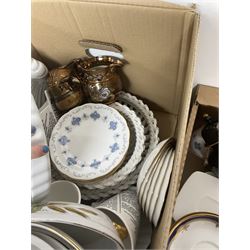 Royal Osborne part tea service comprising six cups, saucers and dessert plates, together with Churchill Alchemy dishes, three copper lustre jugs, Royal Worcester Evesham pattern dinner wares and other ceramics, in two boxes  