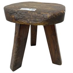 Wanderwood - elm three-legged stool, with metal plaque underneath 