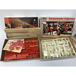 Two Revell Electronic 1/24th scale model kits of fire-engines - Mercedes Benz 1017 LF16 and part constructed Mercedes Benz 1422 DLK 23-12; together with Revell 1/24th scale firemen figures; and Airfix 1/32nd scale model kit of a Dennis Fire Engine; all boxed with instructions (4)