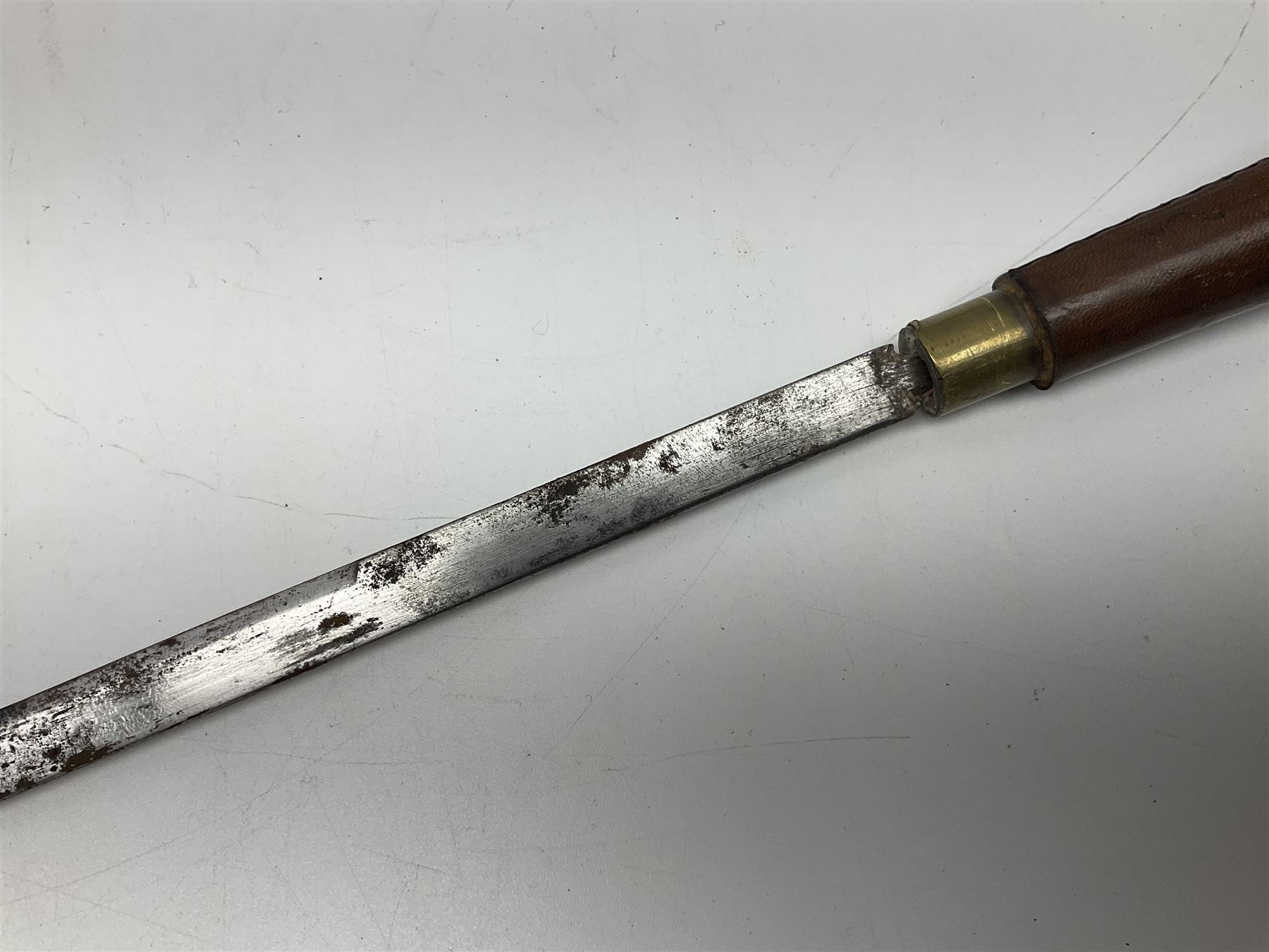 Leather covered swagger/sword stick with 40cm steel blade L62cm overall; another ash sword stick with 30cm diamond section steel blade; pair of fencing foils, the blades marked Solingen; two reproduction flintlock pistols; and 92cm inert cartridge belt (7)