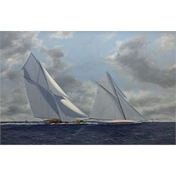 James Miller (British 1962-): Big Class Yachts 'Shamrock 1 v Columbia 1899' - the 10th America's Cup & Sir Thomas Lipton's 1st Challenge, oil on canvas signed, titled verso 69cm x 105cm