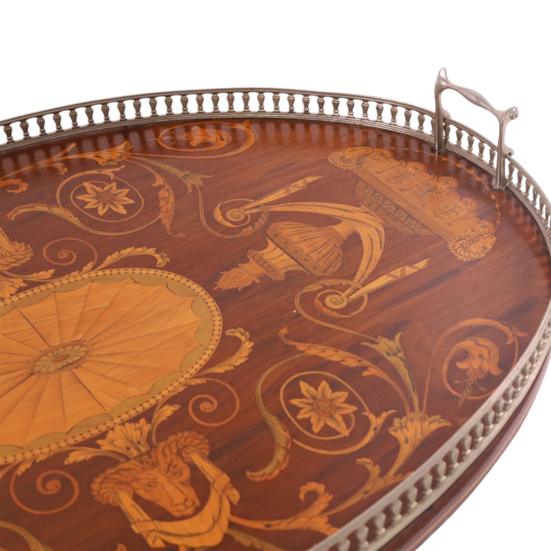 19th century inlaid mahogany tray, decorated with rams heads and floral sprigs, with priced metal boarder, L68cm 
