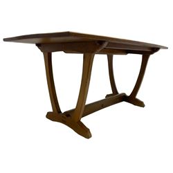 Acornman - oak dining table, shaped rectangular adzed top, wishbone end supports on sledge feet joined by stretcher, by Alan Grainger, Brandsby, York
