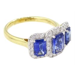 18ct gold sapphire and diamond cluster ring, three emerald cut sapphires, with round brilliant cut diamond surround, hallmarked, total sapphire weight approx 2.25 carat, total diamond weight approx 0.50 carat