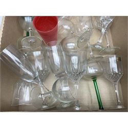 Cut crystal and glassware, including Stuart Crystal mushroom decanter, Elizabeth crystal vase, drinking glasses, tumblers, etc, in four boxes