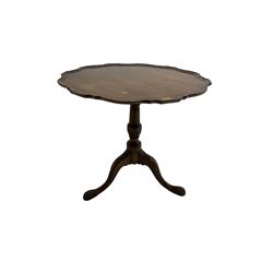 Georgian design tripod table, moulded pie curst tilt-top, turned and fluted column carved with foliate cartouches, on three splayed supports with acanthus carved feet