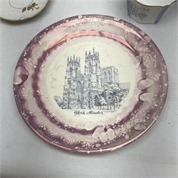 Collection of Victorian and later ceramics to include Gray's Pottery Sunderland lustre York Minister plate, Limoges M. Bishop tea service for one, ornately decorated with gilt foliate sprays on plain white ground, no 2350, Wedgwood no y2715 blue and white sucrier and jug, Chinese blue and white dish with gilt banding,