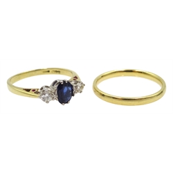  18ct gold three stone oval sapphire and round brilliant cut diamond ring, stamped 750 and an 18ct gold band hallmarked  