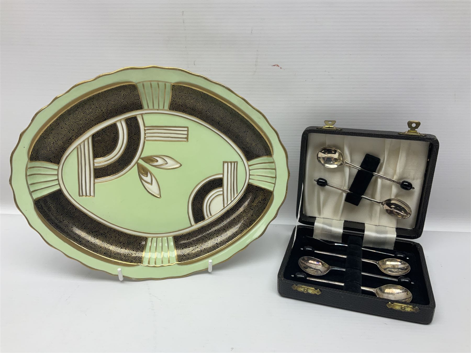 Royal Crown Staffordshire coffee set; Plant Tuscan China Art Deco style dish and cased set of silver plated bean end coffee spoons