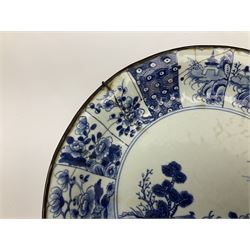 18th Century Chinese plate, decorated in blue and white with blossoms and branches and a Chinese hut scene, W32cm