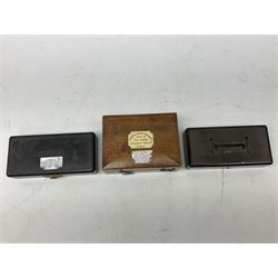 Victorian portable Sikes's hydrometer in original box, the hinged lid with inset plaque for W. & J. Burrow 62 & 63 Great Tower Street London, including ivory backed thermometer, W13.5cm; together with two bakelite cased sets of laboratory scales weights by W.J.George and Becker Ltd. and Philip Harris Ltd. (3)