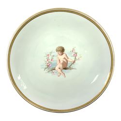 Late 19th century Minton cabinet plate, circa 1880, attributed to Antonin Boullemier, decorated with a putti perched upon a blossoming branch upon a pale blue ground, with Minton globe and Thomas Goode mark beneath, D24cm