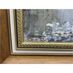 Stephen Maude (British 1919-): 'Barden Bridge Wharfedale in Winter', acrylic on canvas board signed, titled signed and dated 1983, 42cm x 67cm