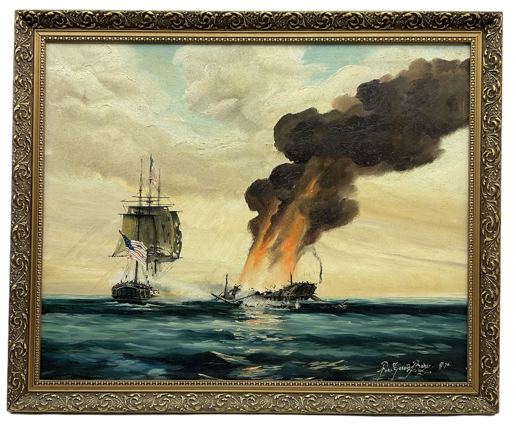 Peter Gerald Baker (British 20th century): American Naval Battle, oil on canvas signed and dated '76, 59cm x 74cm