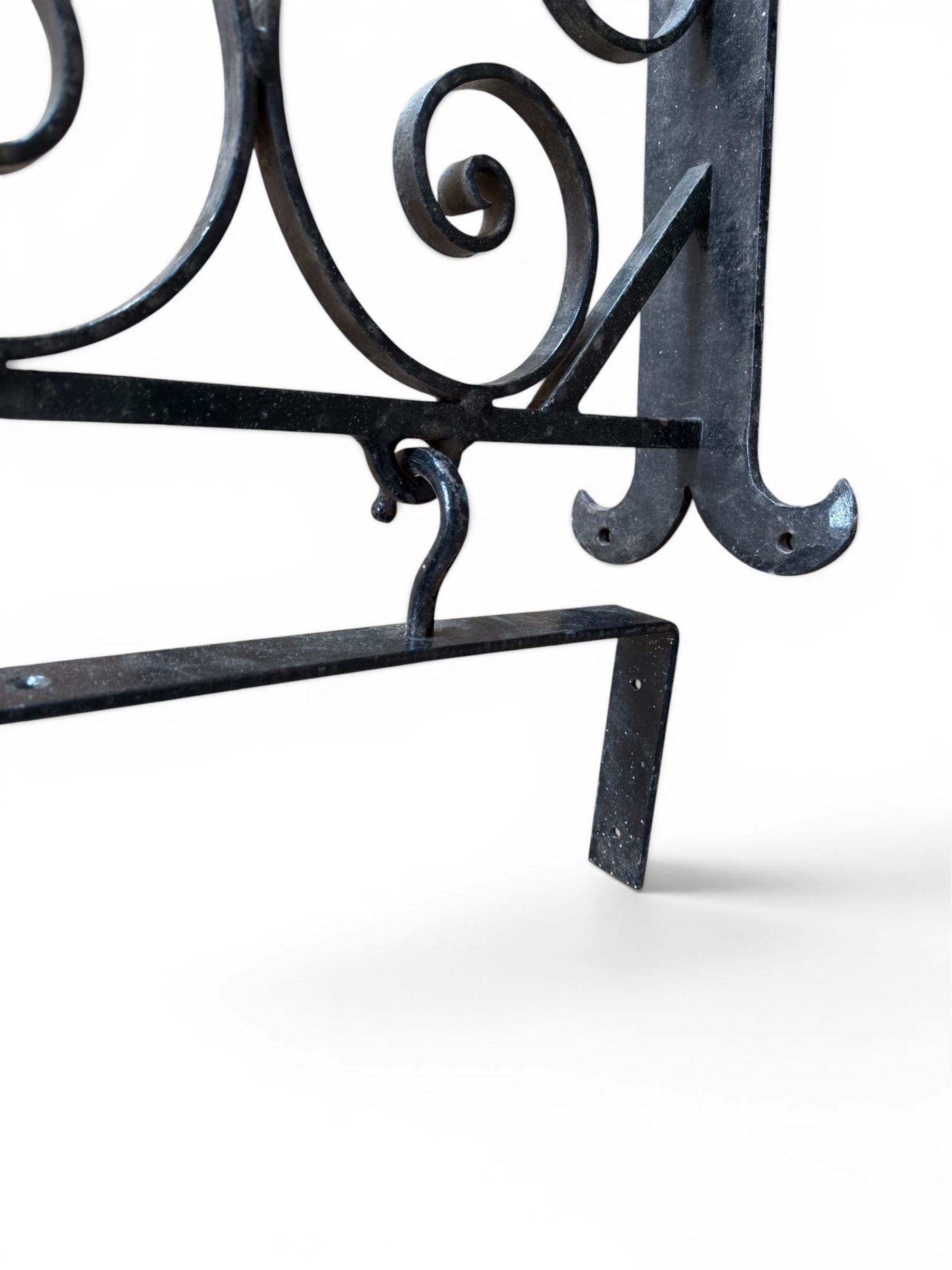 Blacksmith made wrought metal wall hanging sign bracket, scrollwork detail, including wall bracket and sign bracket
