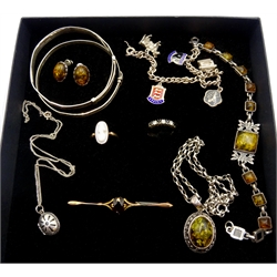 Gold cameo ring, Chester 1915, gold garnet brooch and a stone set gold ring, all 9ct hallmarked or stamped, silver amber bracelet, pendant and earrings, two silver and a necklace, all stamped or hallmarked