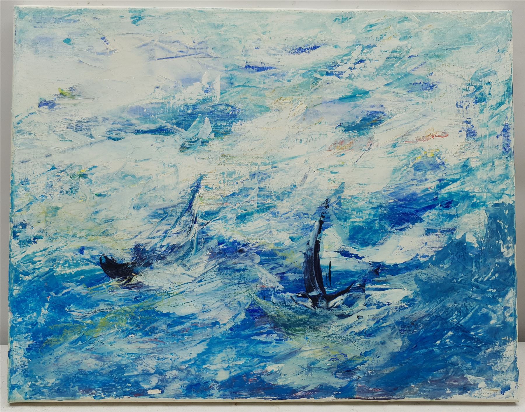 Madeleine Eyland (Belgian/British 1930-2021): 'Stormy Sea', acrylic on canvas unsigned, artist's studio label verso 39cm x 50cm (unframed) 
Provenance: artist's studio collection. Marie-Madeleine Eyland (neé Legrain) was born in 1930 at Floriffoux, Belgium; she lived most of her life in Scarborough working as a nurse and an artist.