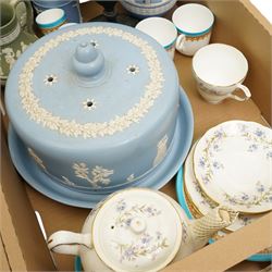Wedgwood Jasperware style cheese dome and cover, with other Wedgwood jugs, Royal Worcester turquoise pattern tea wares, Crown Devon plates etc