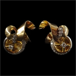  Pair of 18ct gold diamond crescent ribbon ear-rings circa 1950, stamped 750 in original Mallett box  