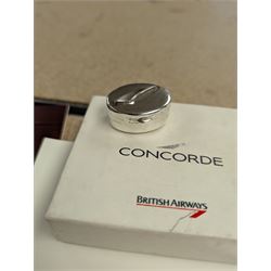 Collection of British Airways Concorde memorabilia, including silver pill box, menus, certificate, etc
