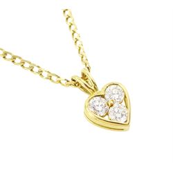 18ct gold diamond heart shaped pendant, three round brilliant cut diamonds of approx 0.55 carat, on 9ct gold flattened curb link chain necklace, both hallmarked