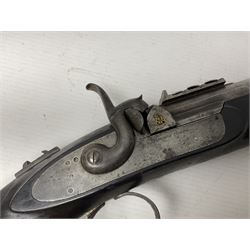 19th century George Gibbs of Bristol .461 cal. muzzle loading percussion match rifle with 28cm cut-down barrel and cut-down stock, Metford type rifling, fitted with additional three folding leaf rear sight to 400yds, back action sight still fitted to tang, maker's name to lock and top of barrel, serial no.439. L46.5cm overall