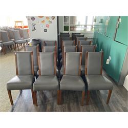 Seventeen walnut finish high back dining chairs, charcoal leather- LOT SUBJECT TO VAT ON THE HAMMER PRICE - To be collected by appointment from The Ambassador Hotel, 36-38 Esplanade, Scarborough YO11 2AY. ALL GOODS MUST BE REMOVED BY WEDNESDAY 15TH JUNE.