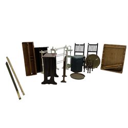 Two white painted towel rails, pair early 20th century chairs with leather seats, pine wall shelf, wicker linen bin, folding cake stand, folding Benares table with two metal tops, wall hanging shelf, a pine wall hanging shelf, oak occasional table and a pair of 3' single bed heads with painted decoration (16)